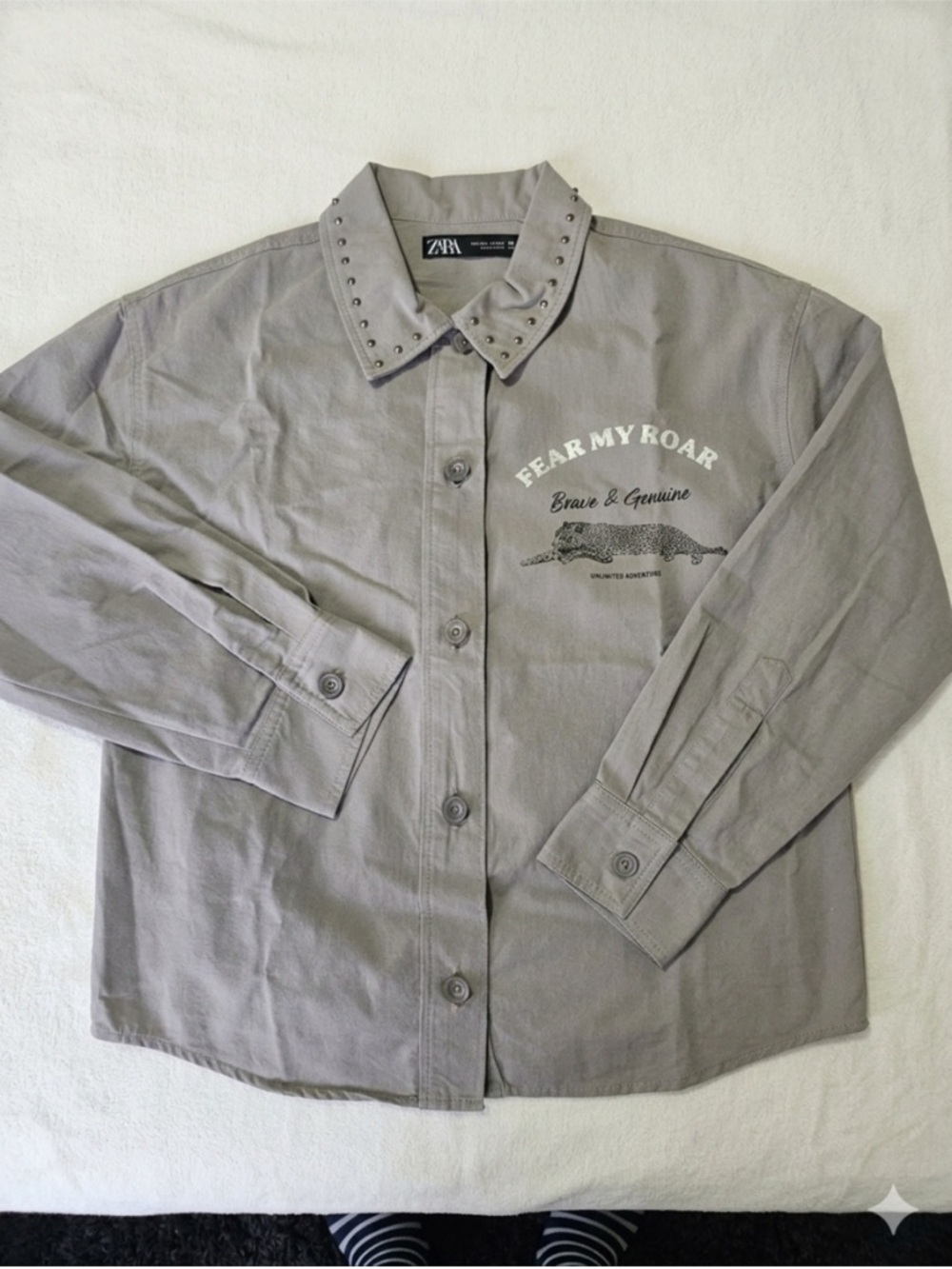 Zara Light Gray Studded-Collar Graphic Button Shirt